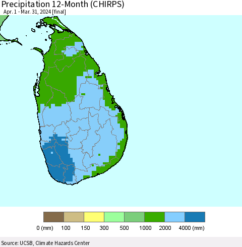 Sri Lanka Precipitation 12-Month (CHIRPS) Thematic Map For 4/1/2023 - 3/31/2024