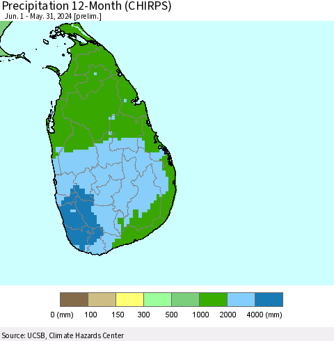 Sri Lanka Precipitation 12-Month (CHIRPS) Thematic Map For 6/1/2023 - 5/31/2024