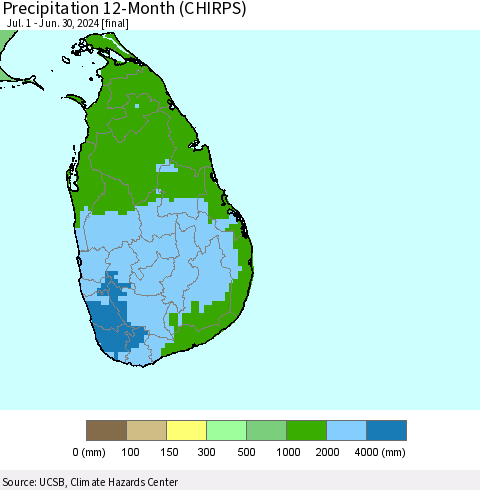 Sri Lanka Precipitation 12-Month (CHIRPS) Thematic Map For 7/1/2023 - 6/30/2024