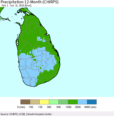 Sri Lanka Precipitation 12-Month (CHIRPS) Thematic Map For 2/1/2024 - 1/31/2025