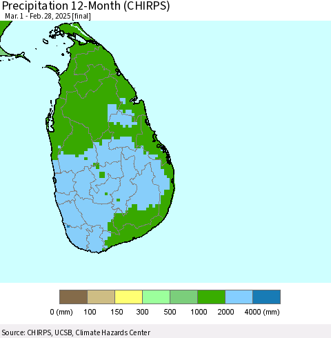 Sri Lanka Precipitation 12-Month (CHIRPS) Thematic Map For 3/1/2024 - 2/28/2025