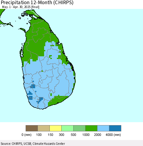 Sri Lanka Precipitation 12-Month (CHIRPS) Thematic Map For 5/1/2024 - 4/30/2025