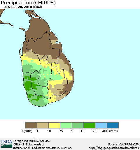 Sri Lanka Precipitation (CHIRPS) Thematic Map For 6/11/2018 - 6/20/2018