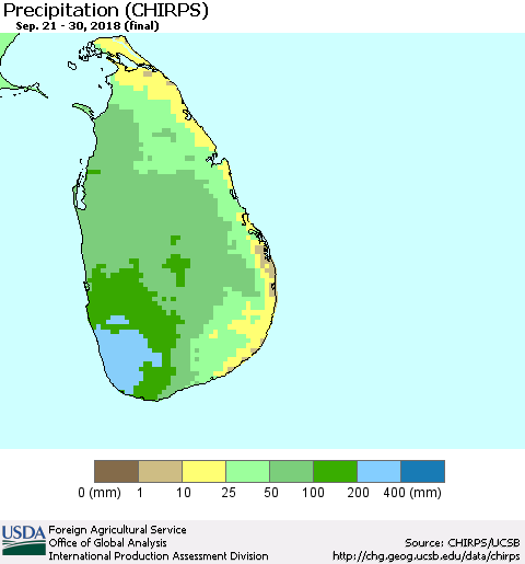 Sri Lanka Precipitation (CHIRPS) Thematic Map For 9/21/2018 - 9/30/2018