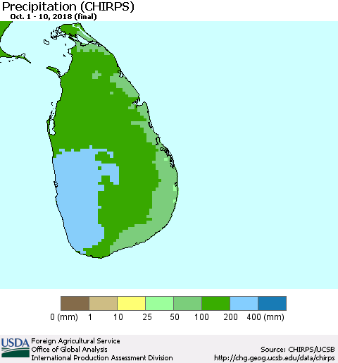 Sri Lanka Precipitation (CHIRPS) Thematic Map For 10/1/2018 - 10/10/2018