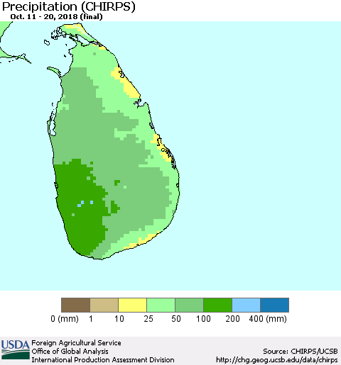 Sri Lanka Precipitation (CHIRPS) Thematic Map For 10/11/2018 - 10/20/2018