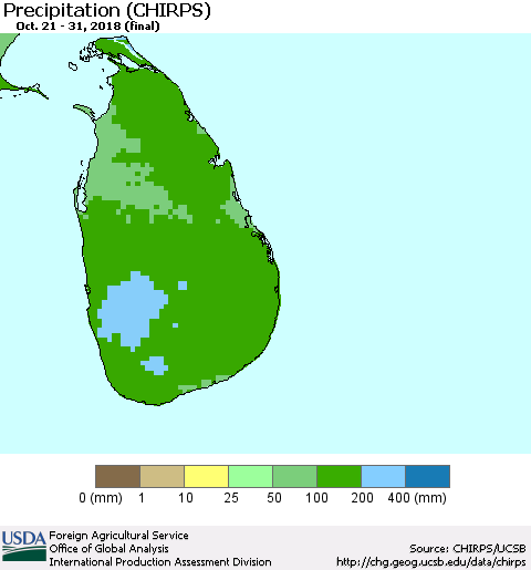 Sri Lanka Precipitation (CHIRPS) Thematic Map For 10/21/2018 - 10/31/2018