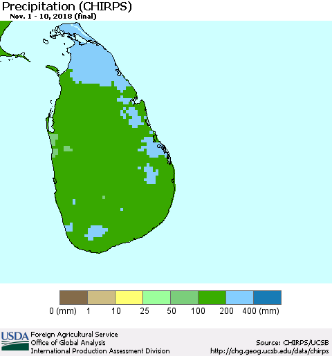 Sri Lanka Precipitation (CHIRPS) Thematic Map For 11/1/2018 - 11/10/2018
