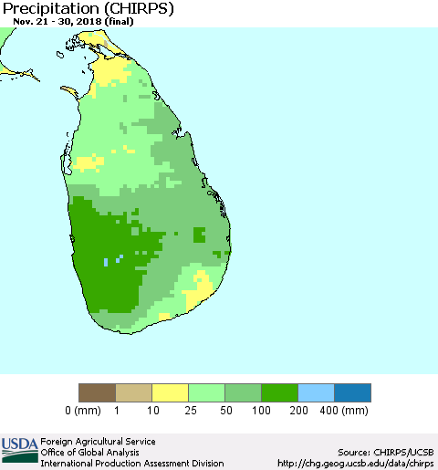 Sri Lanka Precipitation (CHIRPS) Thematic Map For 11/21/2018 - 11/30/2018