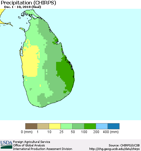 Sri Lanka Precipitation (CHIRPS) Thematic Map For 12/1/2018 - 12/10/2018