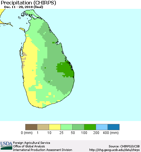 Sri Lanka Precipitation (CHIRPS) Thematic Map For 12/11/2018 - 12/20/2018
