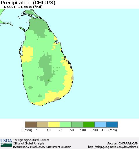 Sri Lanka Precipitation (CHIRPS) Thematic Map For 12/21/2018 - 12/31/2018