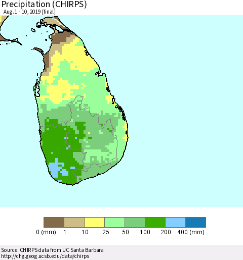 Sri Lanka Precipitation (CHIRPS) Thematic Map For 8/1/2019 - 8/10/2019