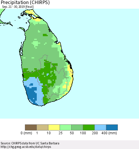 Sri Lanka Precipitation (CHIRPS) Thematic Map For 9/21/2019 - 9/30/2019