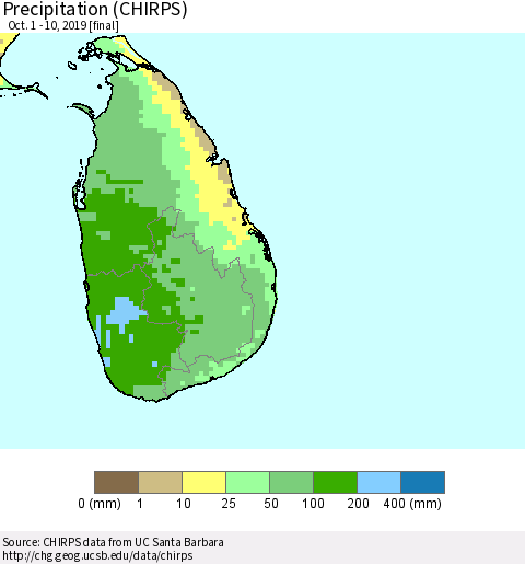 Sri Lanka Precipitation (CHIRPS) Thematic Map For 10/1/2019 - 10/10/2019