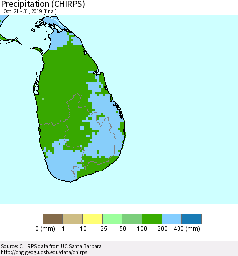 Sri Lanka Precipitation (CHIRPS) Thematic Map For 10/21/2019 - 10/31/2019