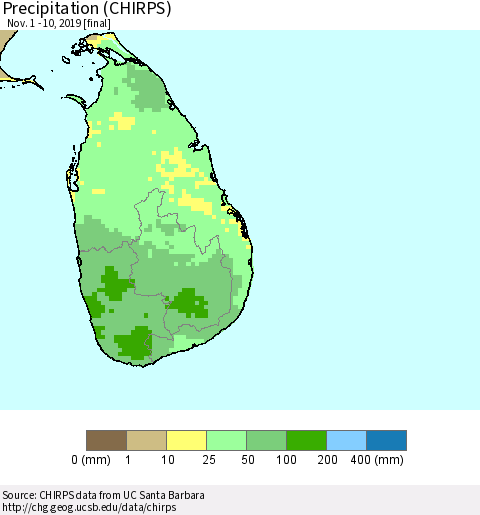 Sri Lanka Precipitation (CHIRPS) Thematic Map For 11/1/2019 - 11/10/2019