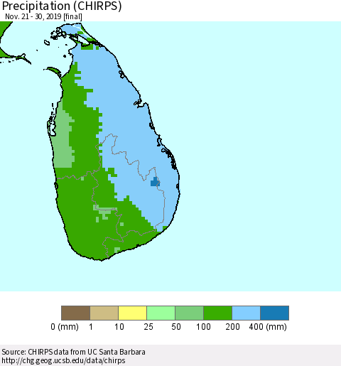 Sri Lanka Precipitation (CHIRPS) Thematic Map For 11/21/2019 - 11/30/2019