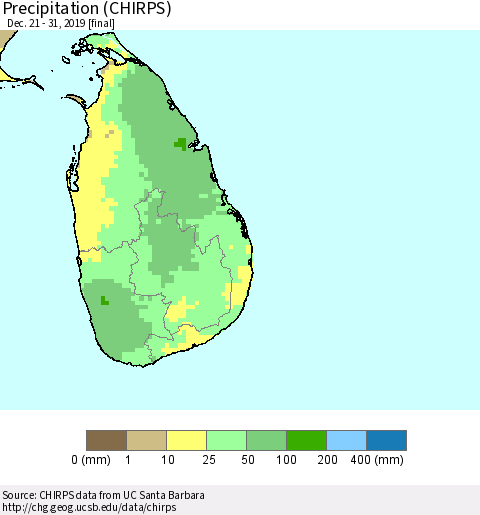 Sri Lanka Precipitation (CHIRPS) Thematic Map For 12/21/2019 - 12/31/2019