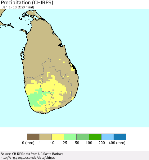 Sri Lanka Precipitation (CHIRPS) Thematic Map For 1/1/2020 - 1/10/2020