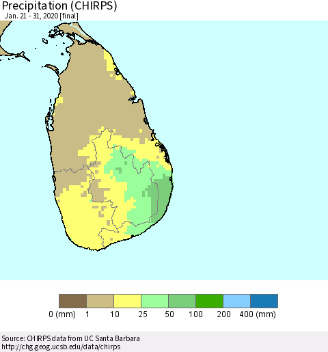 Sri Lanka Precipitation (CHIRPS) Thematic Map For 1/21/2020 - 1/31/2020