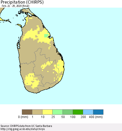 Sri Lanka Precipitation (CHIRPS) Thematic Map For 2/21/2020 - 2/29/2020