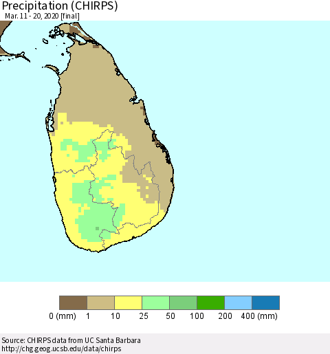 Sri Lanka Precipitation (CHIRPS) Thematic Map For 3/11/2020 - 3/20/2020