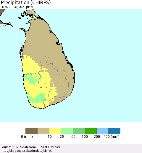 Sri Lanka Precipitation (CHIRPS) Thematic Map For 3/21/2020 - 3/31/2020