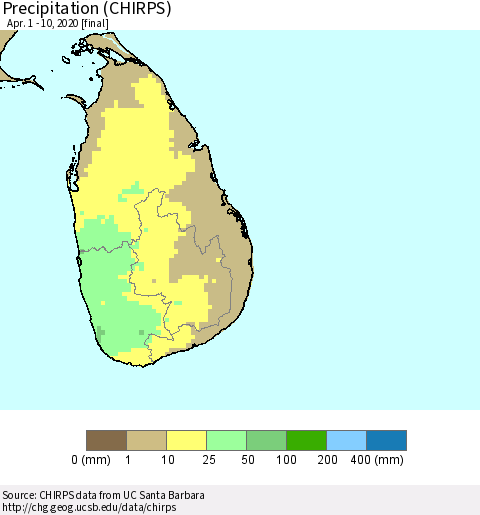 Sri Lanka Precipitation (CHIRPS) Thematic Map For 4/1/2020 - 4/10/2020