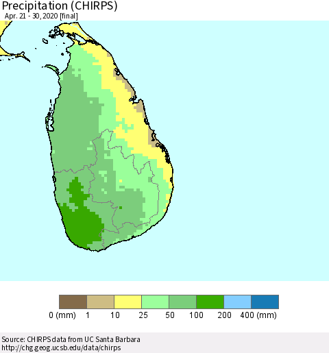 Sri Lanka Precipitation (CHIRPS) Thematic Map For 4/21/2020 - 4/30/2020
