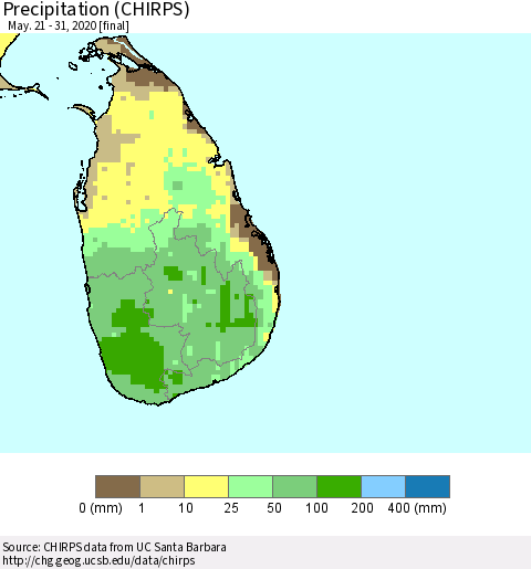 Sri Lanka Precipitation (CHIRPS) Thematic Map For 5/21/2020 - 5/31/2020