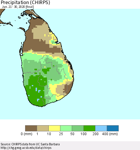 Sri Lanka Precipitation (CHIRPS) Thematic Map For 6/21/2020 - 6/30/2020