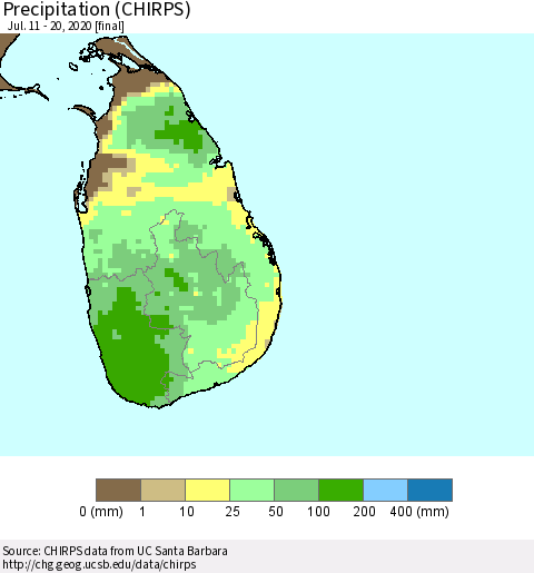 Sri Lanka Precipitation (CHIRPS) Thematic Map For 7/11/2020 - 7/20/2020