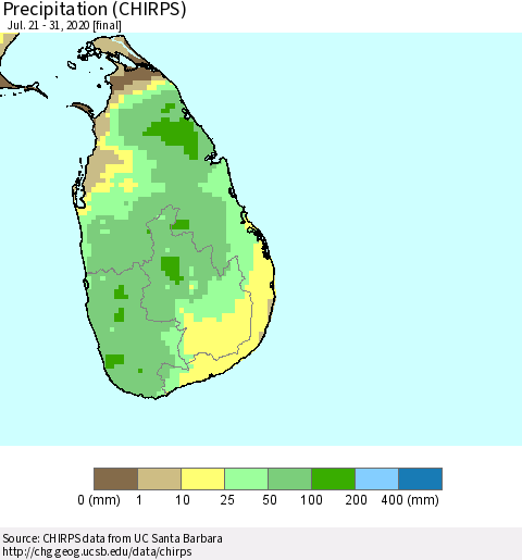 Sri Lanka Precipitation (CHIRPS) Thematic Map For 7/21/2020 - 7/31/2020