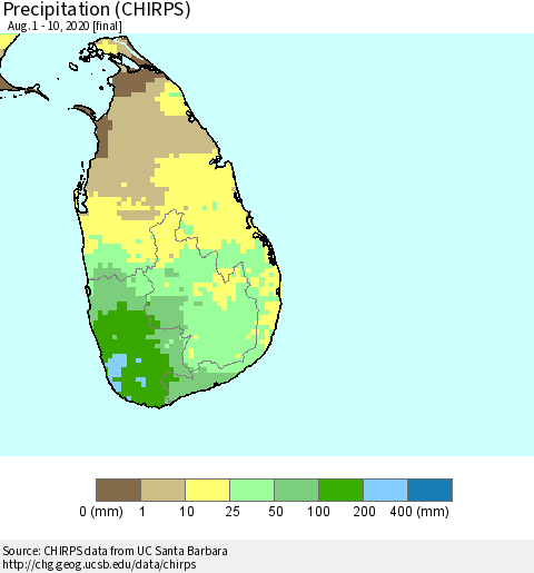 Sri Lanka Precipitation (CHIRPS) Thematic Map For 8/1/2020 - 8/10/2020