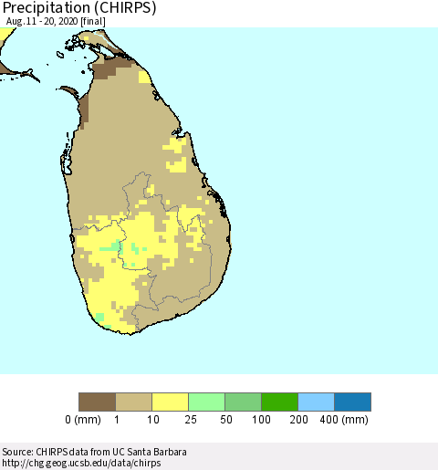 Sri Lanka Precipitation (CHIRPS) Thematic Map For 8/11/2020 - 8/20/2020