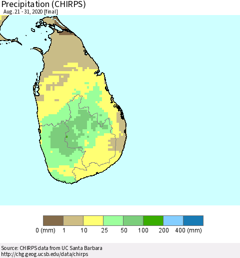 Sri Lanka Precipitation (CHIRPS) Thematic Map For 8/21/2020 - 8/31/2020