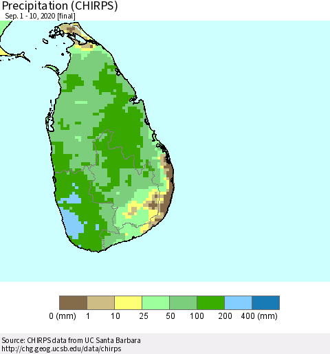 Sri Lanka Precipitation (CHIRPS) Thematic Map For 9/1/2020 - 9/10/2020