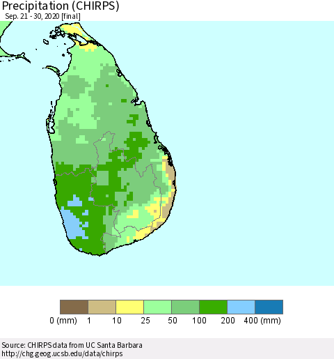 Sri Lanka Precipitation (CHIRPS) Thematic Map For 9/21/2020 - 9/30/2020