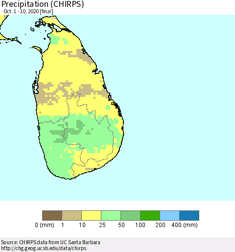 Sri Lanka Precipitation (CHIRPS) Thematic Map For 10/1/2020 - 10/10/2020
