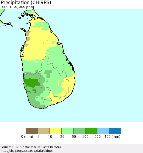 Sri Lanka Precipitation (CHIRPS) Thematic Map For 10/11/2020 - 10/20/2020