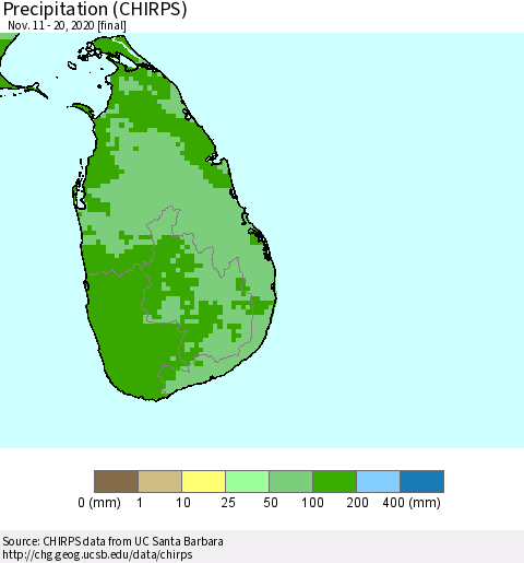 Sri Lanka Precipitation (CHIRPS) Thematic Map For 11/11/2020 - 11/20/2020