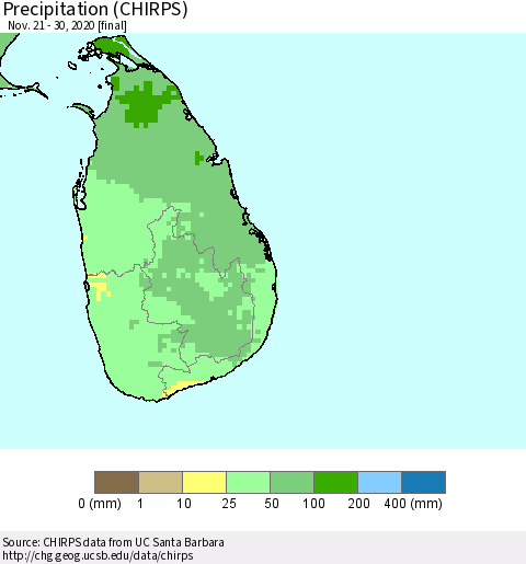 Sri Lanka Precipitation (CHIRPS) Thematic Map For 11/21/2020 - 11/30/2020
