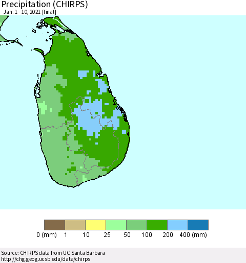 Sri Lanka Precipitation (CHIRPS) Thematic Map For 1/1/2021 - 1/10/2021