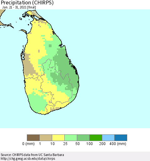 Sri Lanka Precipitation (CHIRPS) Thematic Map For 1/21/2021 - 1/31/2021