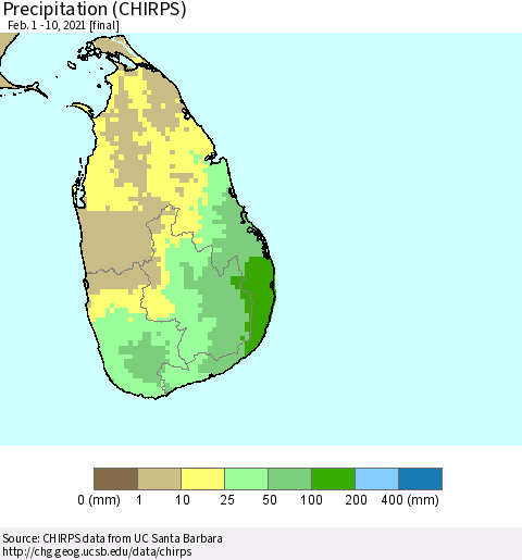 Sri Lanka Precipitation (CHIRPS) Thematic Map For 2/1/2021 - 2/10/2021
