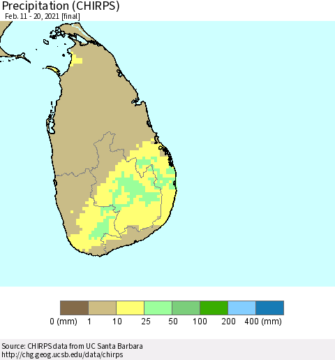Sri Lanka Precipitation (CHIRPS) Thematic Map For 2/11/2021 - 2/20/2021