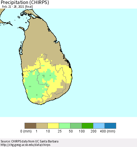 Sri Lanka Precipitation (CHIRPS) Thematic Map For 2/21/2021 - 2/28/2021