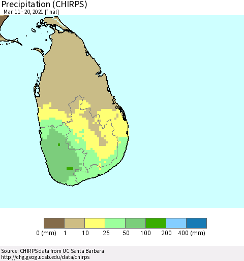 Sri Lanka Precipitation (CHIRPS) Thematic Map For 3/11/2021 - 3/20/2021