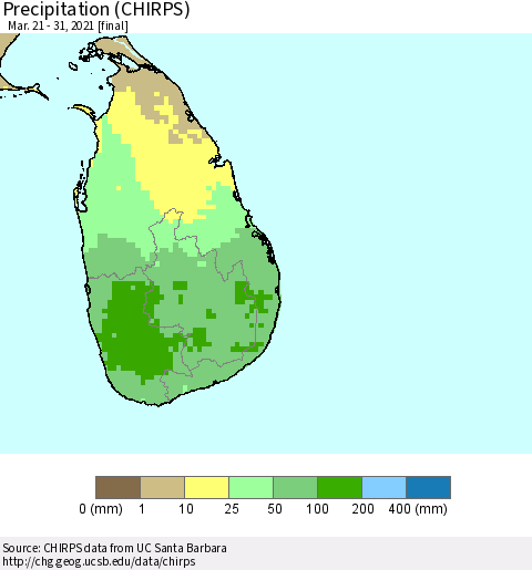 Sri Lanka Precipitation (CHIRPS) Thematic Map For 3/21/2021 - 3/31/2021